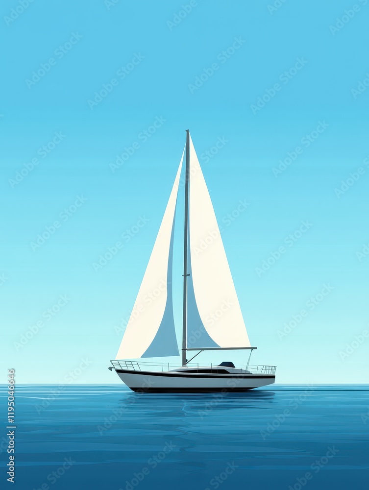 Fototapeta premium A beautiful sailboat smoothly glides across the serene, calm waters under a pristine blue sky. Its unique geometric sail design perfectly complements the tranquil ambiance of a delightful day at sea