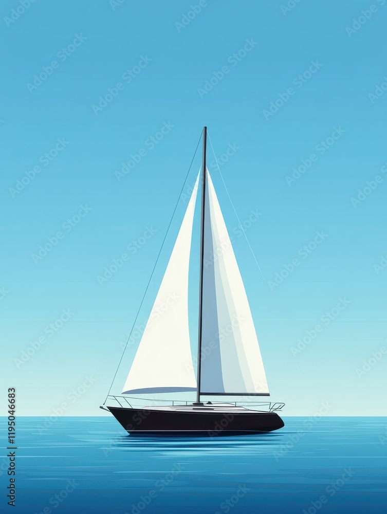 Fototapeta premium A sailboat gracefully glides across serene, sparkling blue waters, showcasing its sleek, geometric sail under the warm glow of bright daylight
