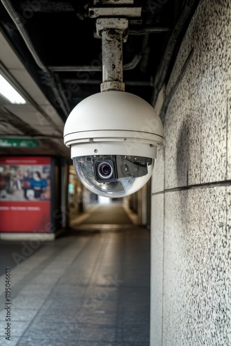 Surveillance camera oversees deserted corridor, reflecting surro photo