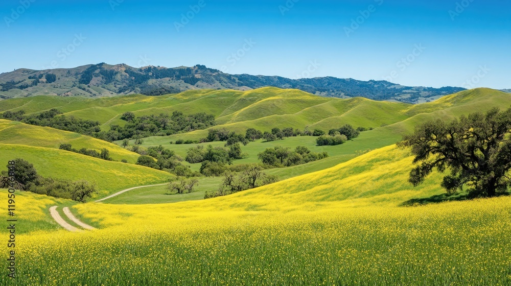 Rolling hills of yellow canola fields under a bright blue sky with ample copy space Rolling hills of yellow canola fields under a bright blue sky with ample copy space