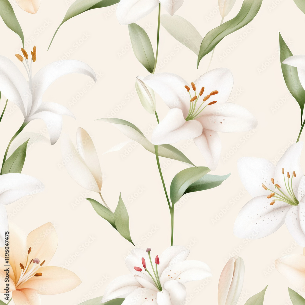 Elegant floral pattern featuring white and peach lilies with green leaves on soft beige background, perfect for home decor or textile design Elegant floral pattern featuring white and peach lilies with green leaves on soft beige background, perfect for home decor or textile design