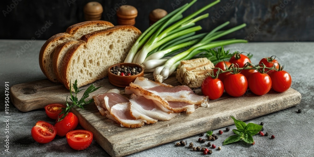 A rustic wooden board displaying sliced pork fat, green onions, homemade bread, and cherry tomatoes on a gray stone background with pepper. A rustic wooden board displaying sliced pork fat, green onions, homemade bread, and cherry tomatoes on a gray stone background with pepper.