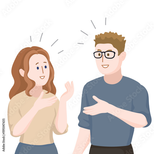 Cartoon people character A man and a woman are chatting and discussing  white young woman and man