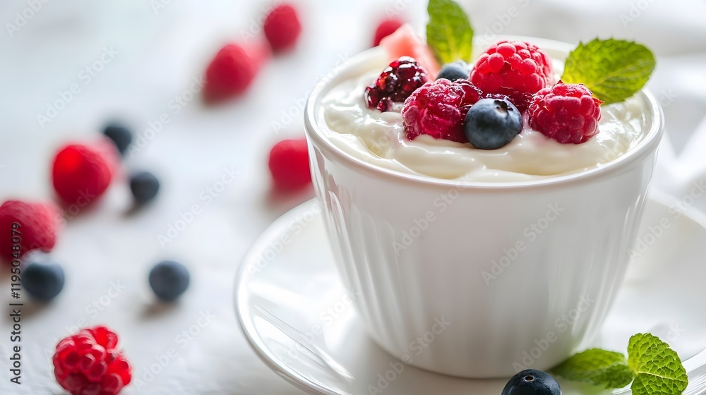 Fresh and delicious yogurt with mixed berries and strawberries in a bowl Fresh and delicious yogurt with mixed berries and strawberries in a bowl