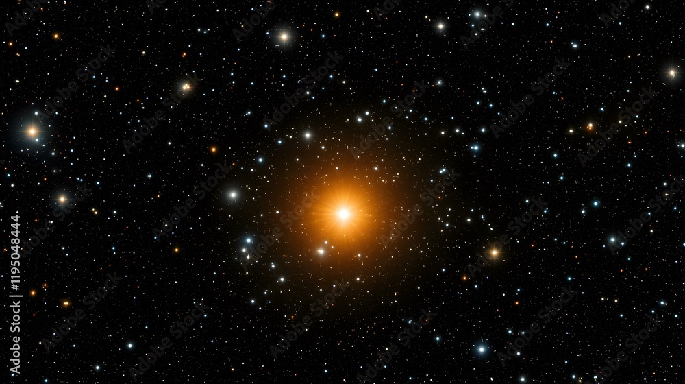 Fototapeta premium The image shows a bright, orange-hued star at the center, surrounded by numerous smaller stars of varying colors and brightness against a dark background of space.