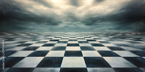 Chessboard Under a Stormy Sky: A dramatic and surreal image featuring a vast black and white chessboard floor stretching out towards a stormy sky. photo