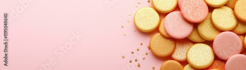 Confetti texture concept with soft shadows for Valentine's Day. Colorful glittery cookies on a soft pink background