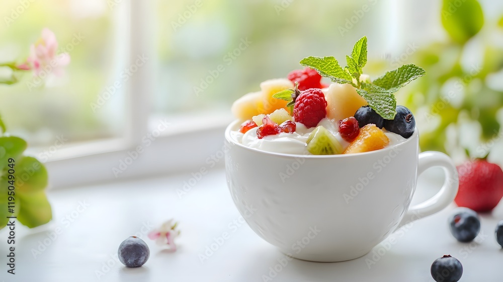 Fresh and delicious yogurt with mixed berries and strawberries in a bowl Fresh and delicious yogurt with mixed berries and strawberries in a bowl