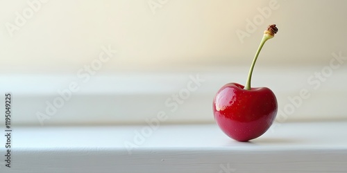 Single vibrant red cherry on a classic white table surface with a soft gradient background creating a minimalistic and elegant composition. photo