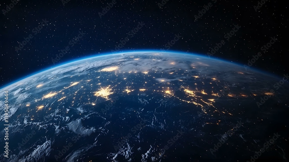 Obraz premium A breathtaking view of Earth from space, showcasing the illuminated cities and swirling clouds against the backdrop of a star-studded night sky.
