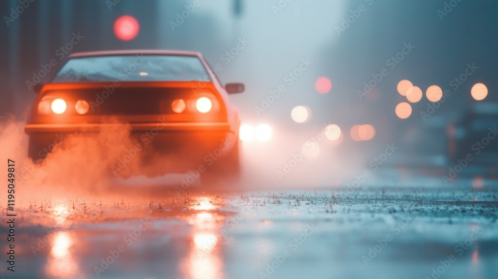 Rainy Night Cityscape Rear View of Red Car Driving Through Wet Streets with Blurred Lights