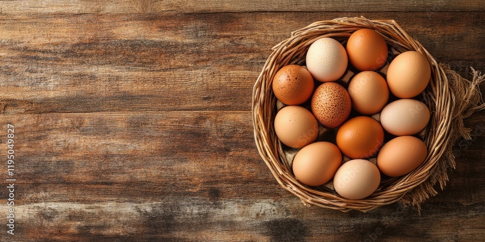 Wicker basket with assorted brown chicken eggs arranged centrally on a wooden surface with rustic tones creating ample negative space for text Wicker basket with assorted brown chicken eggs arranged centrally on a wooden surface with rustic tones creating ample negative space for text