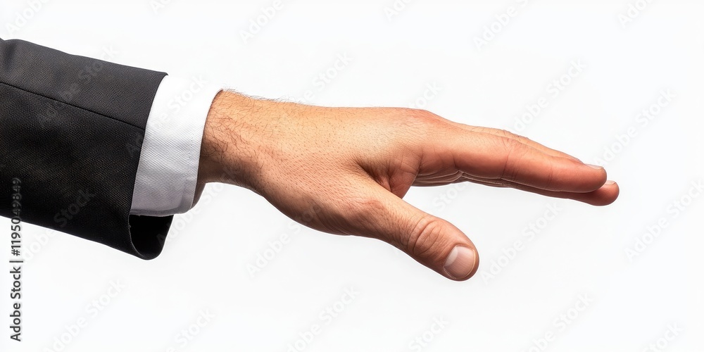 Businessman's hand gesturing towards the right on a pristine white background, featuring a well-groomed hand in a sleek black suit. Businessman's hand gesturing towards the right on a pristine white background, featuring a well-groomed hand in a sleek black suit.