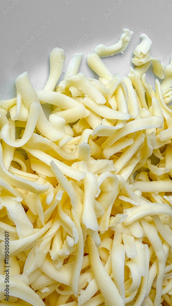Close-up of fresh shredded mozzarella cheese, perfect for pizza toppings or Italian dishes, emphasizing dairy consumption and culinary creativity Close-up of fresh shredded mozzarella cheese, perfect for pizza toppings or Italian dishes, emphasizing dairy consumption and culinary creativity