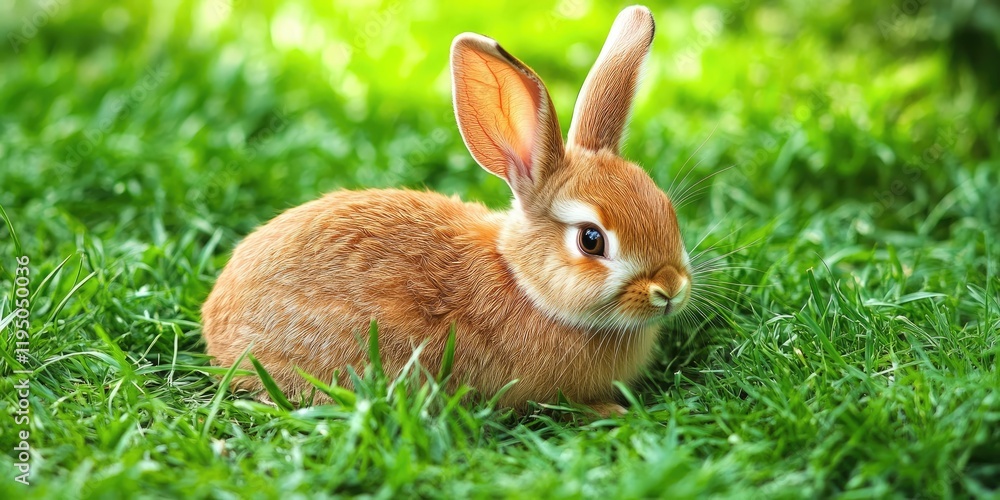 Obraz premium Playful brown rabbit with long ears nestled in vibrant green grass, showcasing soft fur and adorable expression in a natural outdoor setting.