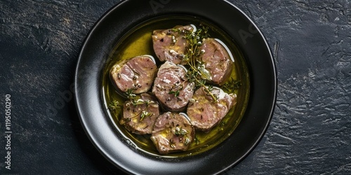 Wallpaper Mural Canned cod liver chunks garnished with fresh thyme in golden oil on a black plate against a textured dark background viewed from above Torontodigital.ca