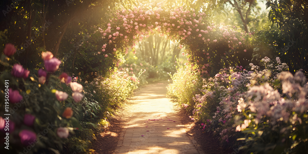 Fototapeta premium romantic garden pathway bordered by delicate pastel flowers and sunlit floral arch creates serene and enchanting atmosphere