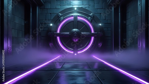 An old and secure bank vault with purple neon lights creating an atmosphere. photo