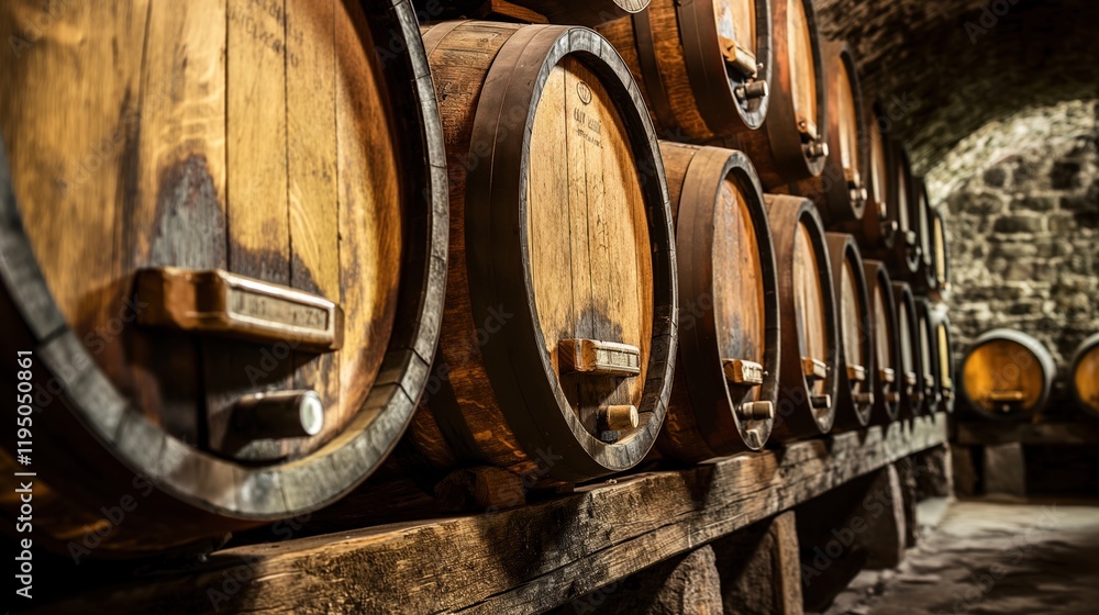 wine cellar with many barriques and casks for aging red wine. Wine cellar with wooden barrels. Winery. Wine production.
wine cellar with many barriques and casks for aging red wine. Wine cellar with wooden barrels. Winery. Wine production.