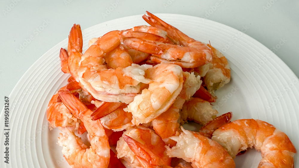 A plate of succulent cooked shrimp, ideal for seafood-themed gatherings or festive holiday feasts like Christmas or Easter A plate of succulent cooked shrimp, ideal for seafood-themed gatherings or festive holiday feasts like Christmas or Easter