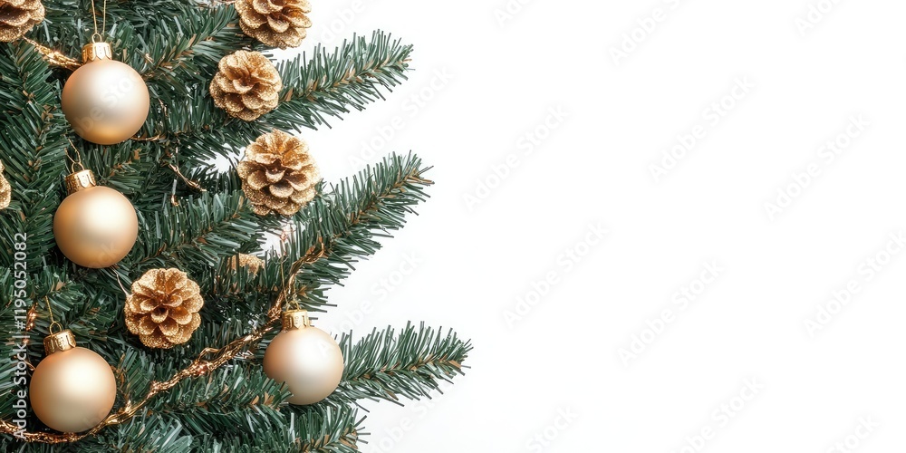 Fototapeta premium Christmas tree branch with gold ornaments and pine cones on the left side against a white background featuring green needles and golden accents