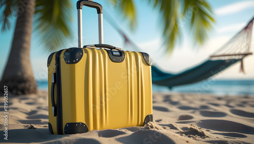 Yellow suitcase on the sea sand with travel photo