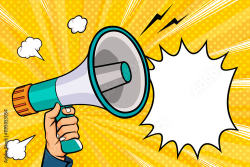 Hand holds megaphone bullhorn in retro pop art comic style Advertising banner with megaphone. Announcement of news, sales, special offer, sale, Loudspeaker announces
