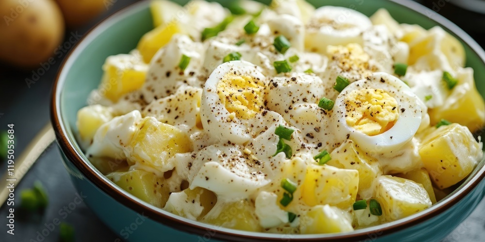 Creamy potato salad with boiled eggs garnished with black pepper and green onions in a green bowl on a dark background with potatoes nearby. Creamy potato salad with boiled eggs garnished with black pepper and green onions in a green bowl on a dark background with potatoes nearby.