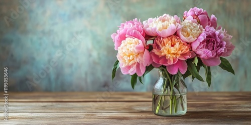 Wallpaper Mural Peony flower bouquet in a clear glass vase on a rustic wooden table with a soft blue-green background and ample empty space for text Torontodigital.ca