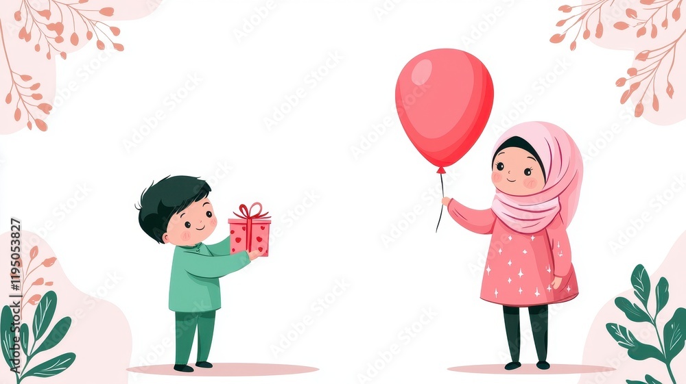 Happy Children Exchanging Gift and Balloon Cute Boy Giving Present to Girl in Hijab Happy Children Exchanging Gift and Balloon Cute Boy Giving Present to Girl in Hijab