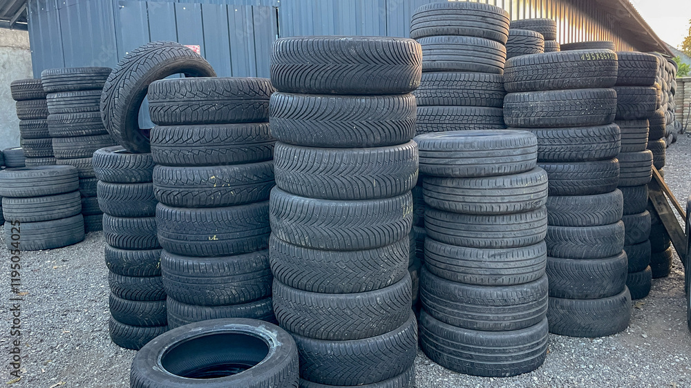 Stacks of used tires piled outside a garage highlight recycling challenges in environmental sustainability Stacks of used tires piled outside a garage highlight recycling challenges in environmental sustainability