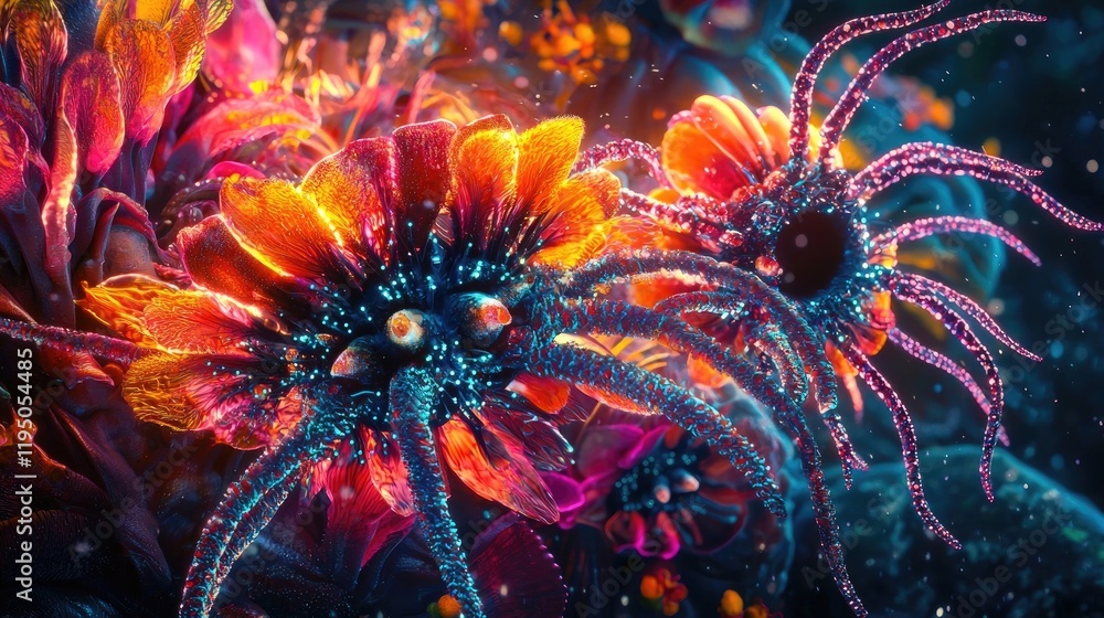 Close-up of a colorful microscopic virus. Bright hues, spikes, structure, biology, microbiology, infection, science, texture, molecular level, vibrant colors, pandemic, healthcare. Generative AI. Close-up of a colorful microscopic virus. Bright hues, spikes, structure, biology, microbiology, infection, science, texture, molecular level, vibrant colors, pandemic, healthcare. Generative AI.
