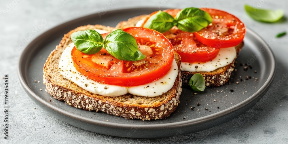 Caprese sandwich with ripe tomatoes and mozzarella on rye bread garnished with fresh basil served on a dark gray plate against a concrete background Caprese sandwich with ripe tomatoes and mozzarella on rye bread garnished with fresh basil served on a dark gray plate against a concrete background