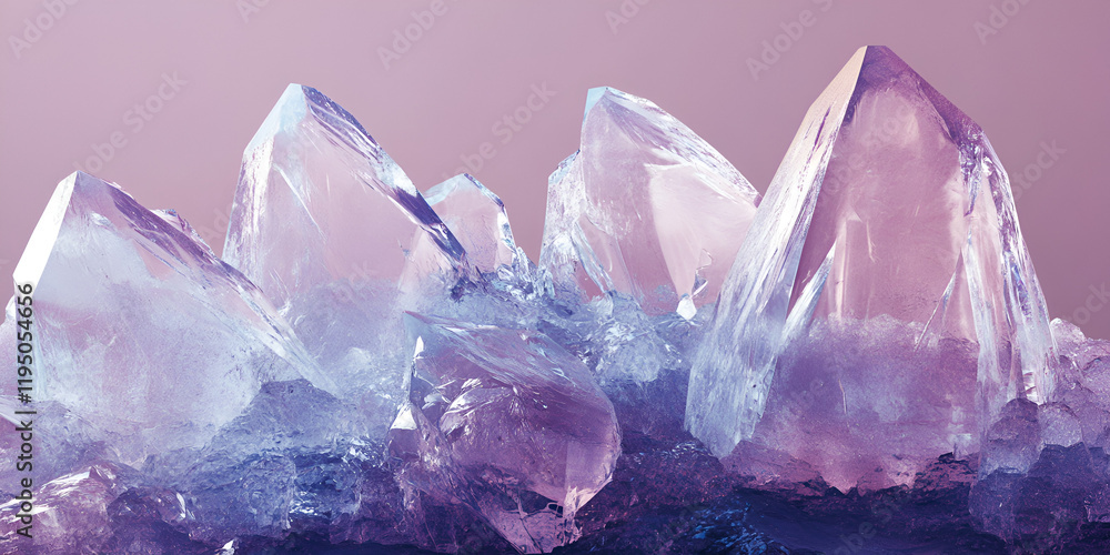 Fototapeta premium Crystalline Dreamscape: A mesmerizing cluster of quartz crystals, bathed in soft lilac and blue hues, evokes a sense of ethereal beauty and tranquility.
