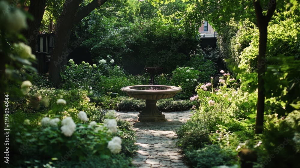 An elegant urban garden featuring a blend of classic and contemporary designs, offering a tranquil spot amidst the citys hustle. An elegant urban garden featuring a blend of classic and contemporary designs, offering a tranquil spot amidst the citys hustle.