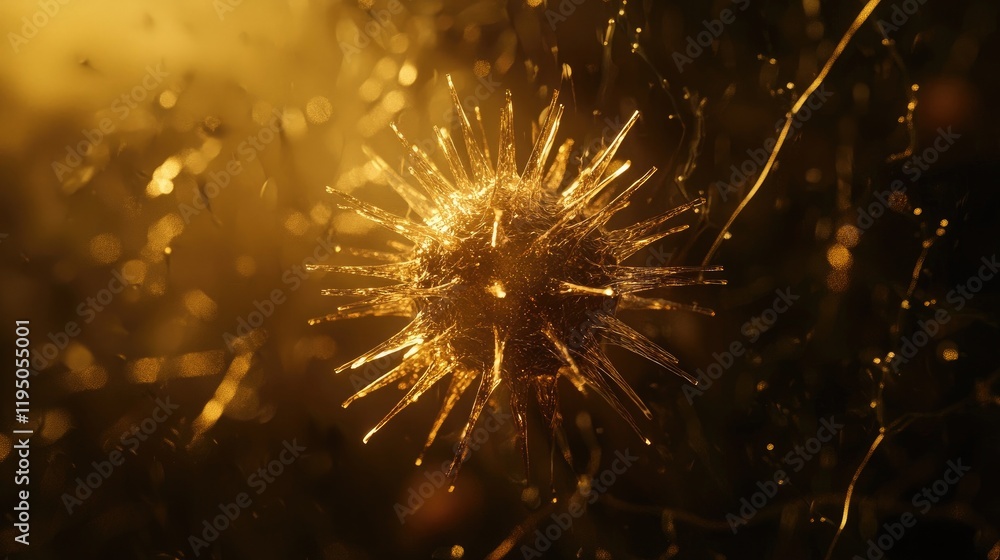 Obraz premium Abstract sharp spiked ball in a foggy environment. Metallic texture, artistic, surreal, sphere, biology-inspired, shapes, light, fog, environment, mystery, conceptual, science fiction. Generative AI.