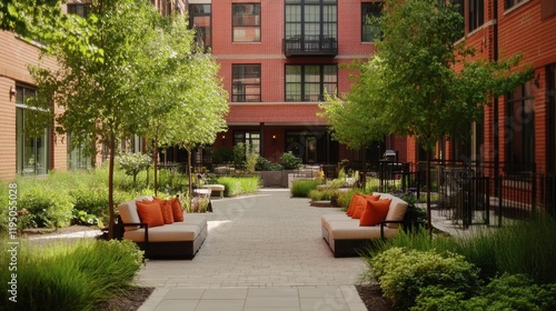 An elegant urban garden featuring modern pathways, vibrant plants, and stylish seating areas, providing a peaceful escape within the city.