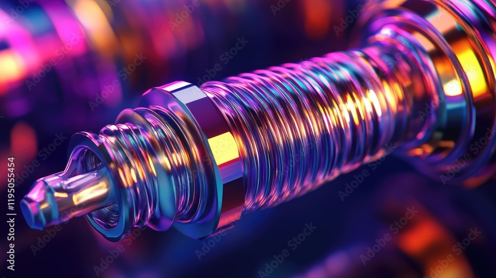The close-up of a spark plug shows off its complex design and metallic details, illuminated with bright, vibrant colors to capture its fine craftsmanship. The close-up of a spark plug shows off its complex design and metallic details, illuminated with bright, vibrant colors to capture its fine craftsmanship.