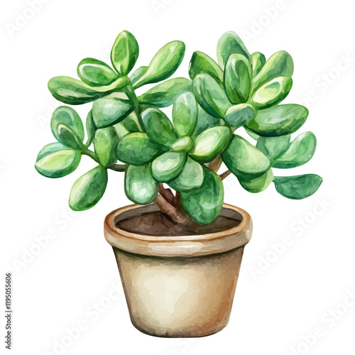 A watercolor illustration of Jade Plant, isolated on a white background. Jade Plant vector.
