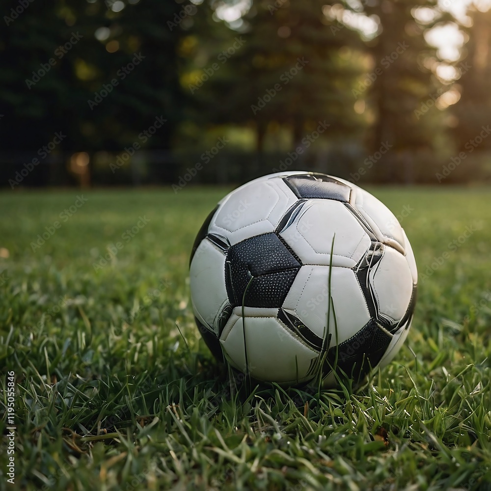 Obraz premium Action Photograph of a Soccer Ball on the Grass Field during a Youth Football Match or Training Session