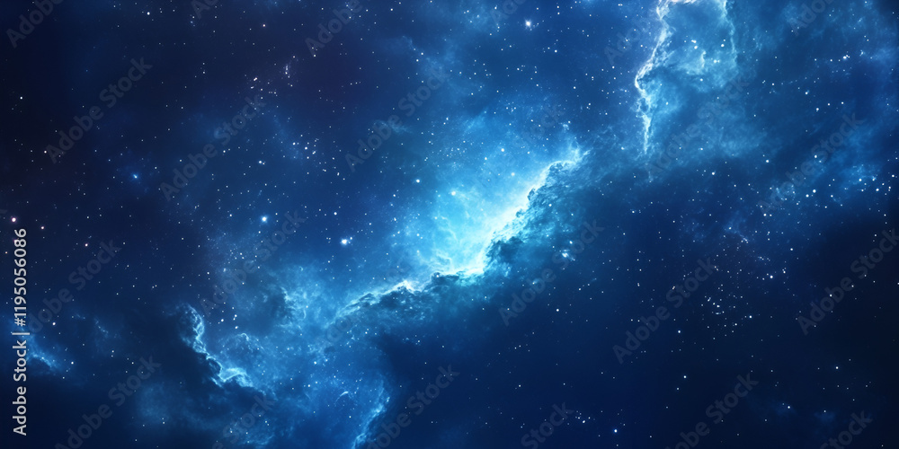 Fototapeta premium Celestial Nebula: A breathtaking view of a vibrant blue nebula, swirling with cosmic dust and gas, stars scattered across the expanse of space.