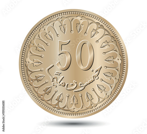 Tunisia 50 millim vector coin on white isolated background. Reverse of Tunisia fifty millim coin. Vector illustration.