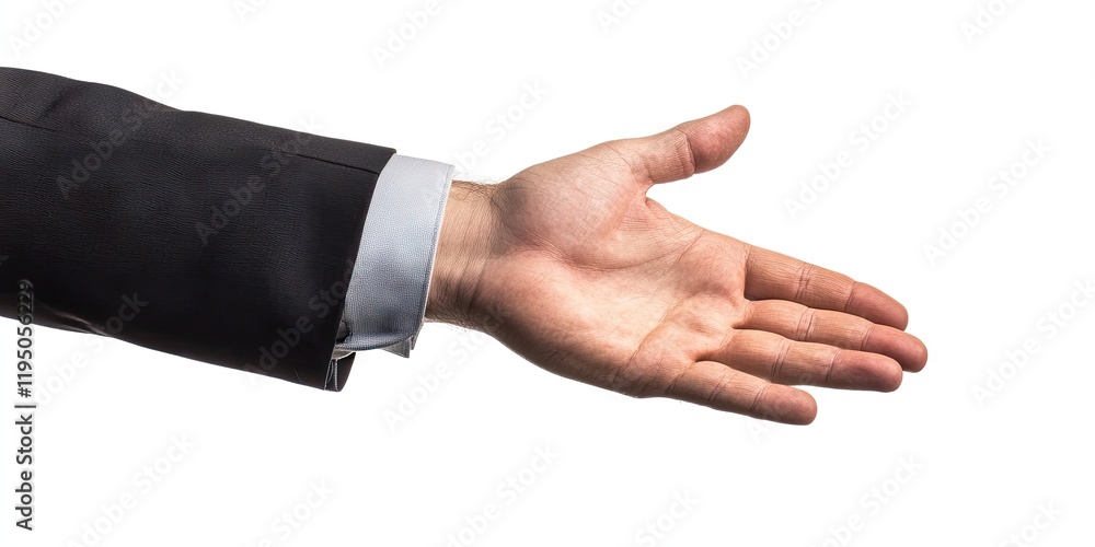 Welcoming gesture of a businessman in a black suit with rolled-up sleeves showing an open right hand against a clean white background. Welcoming gesture of a businessman in a black suit with rolled-up sleeves showing an open right hand against a clean white background.