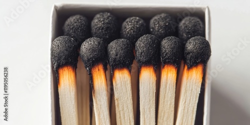 Burnt matchsticks with charred tips arranged in a box on white background showcasing varying burn levels deep focus vibrant contrast. photo