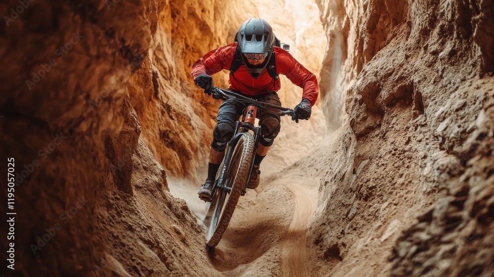 Fototapeta premium Mountain Biker Navigating Through a Narrow Canyon While Riding Downhill in Natural Landscape