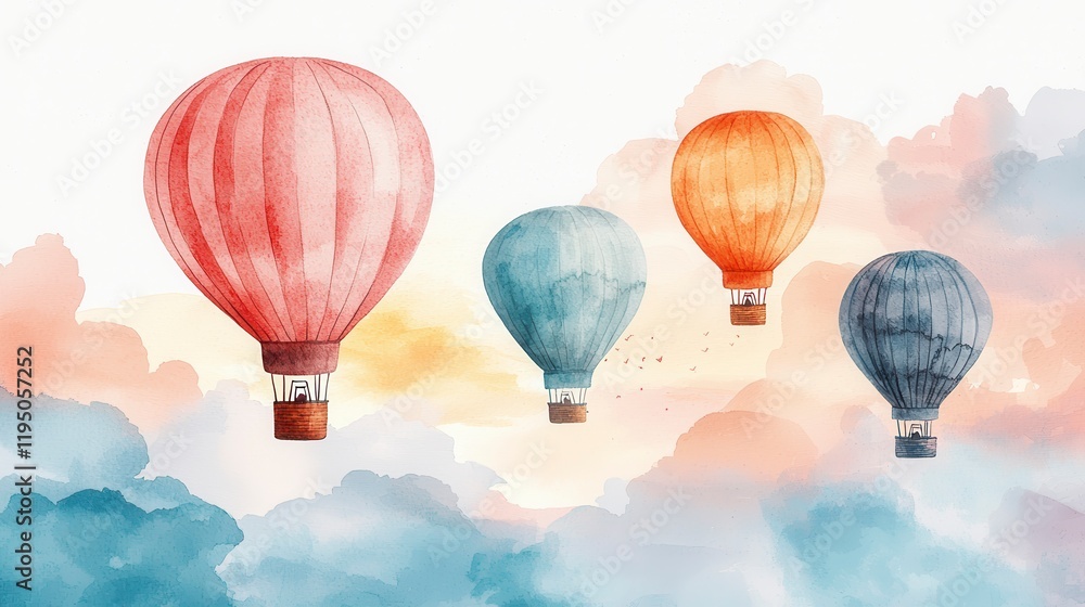 Fototapeta premium Serene Watercolor Depiction of Hot Air Balloons Floating Through Dreamy Skies in Soft Pastels and Gentle Hues