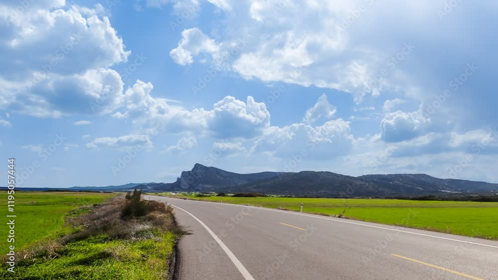 asphalt road through a green fields time lapse scene asphalt road through a green fields time lapse scene