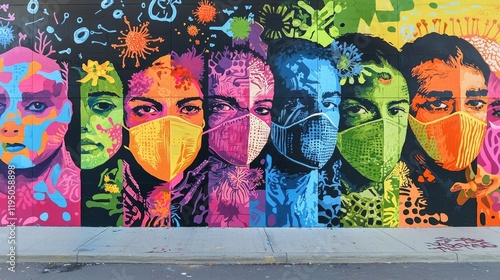 Vibrant mural depicting people in protective gear amidst large, abstract virus shapes. Urban art, pandemic symbolism, colorful graffiti, and social commentary on public health. Generative AI.