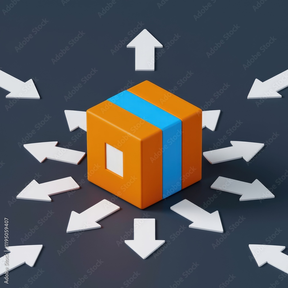 Obraz premium An orange cube with a blue stripe is surrounded by arrows pointing in different directions, symbolizing choices and decisions.