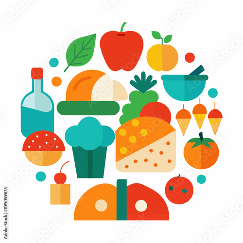 A large collection of food illustrations categorized into groups like dairy, spices, meat, vegetables, seafood, sweets, fruits, and bread on white background